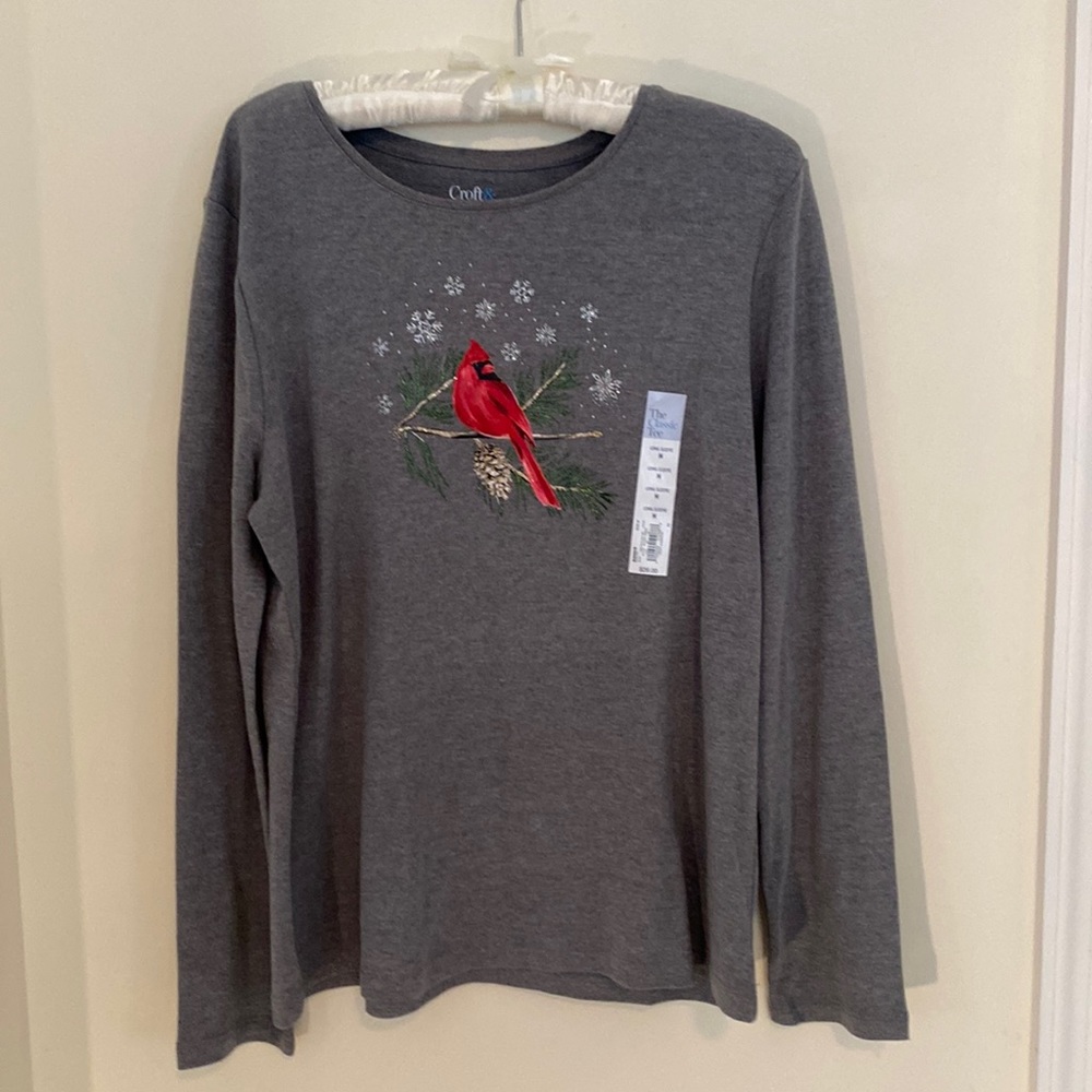 NWT Croft & Barrow Classic Long Sleeve Gray Tee Red Cardinal M Christmas Top